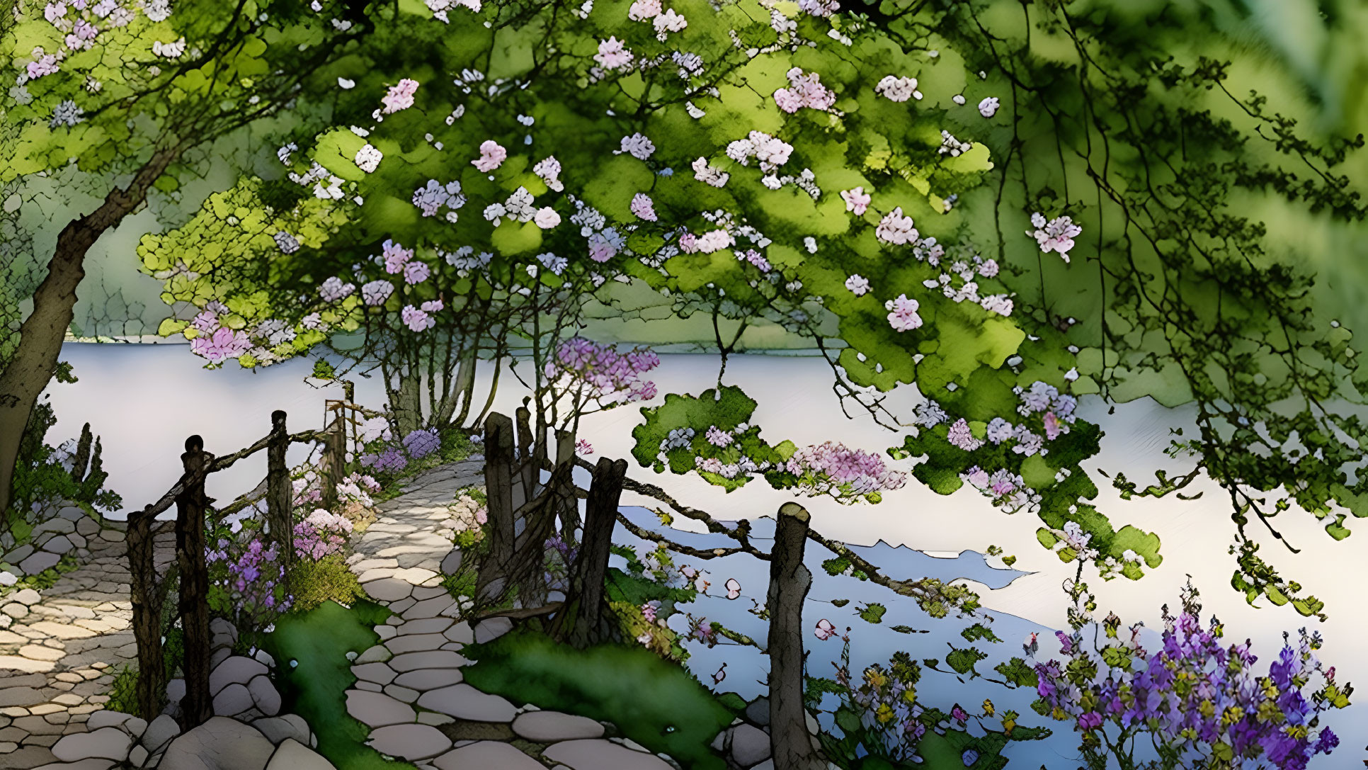 Tranquil lakeside path with wooden fence and blooming trees