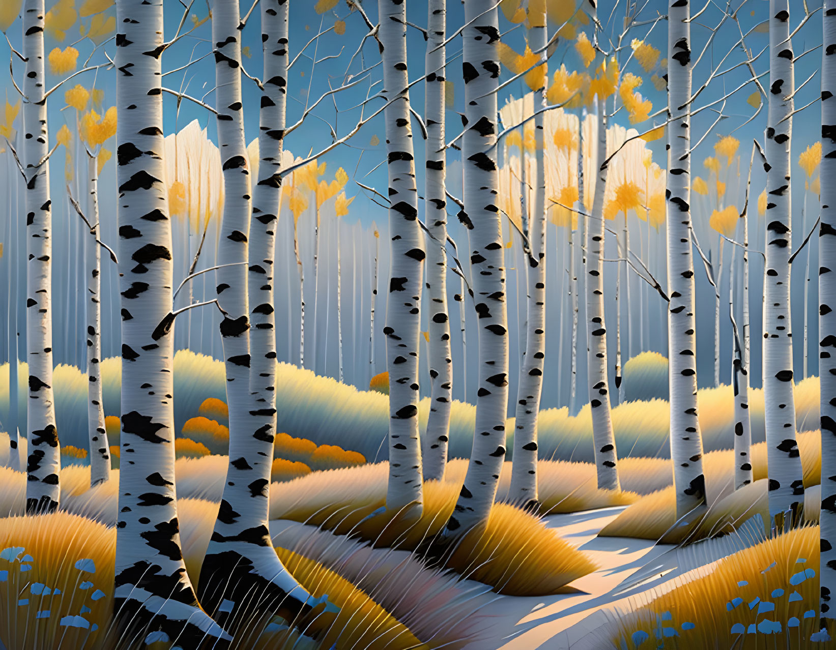 Stylized forest scene with birch trees, yellow leaves, and winding path