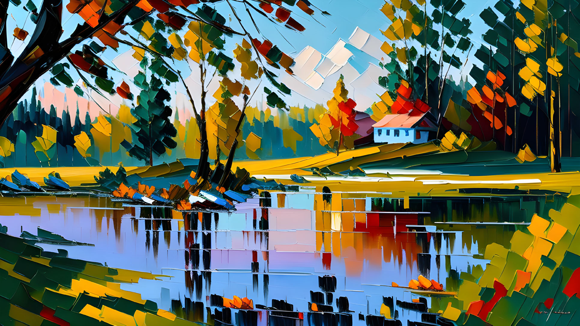 Vibrant impressionistic lakeside landscape painting with autumn trees.