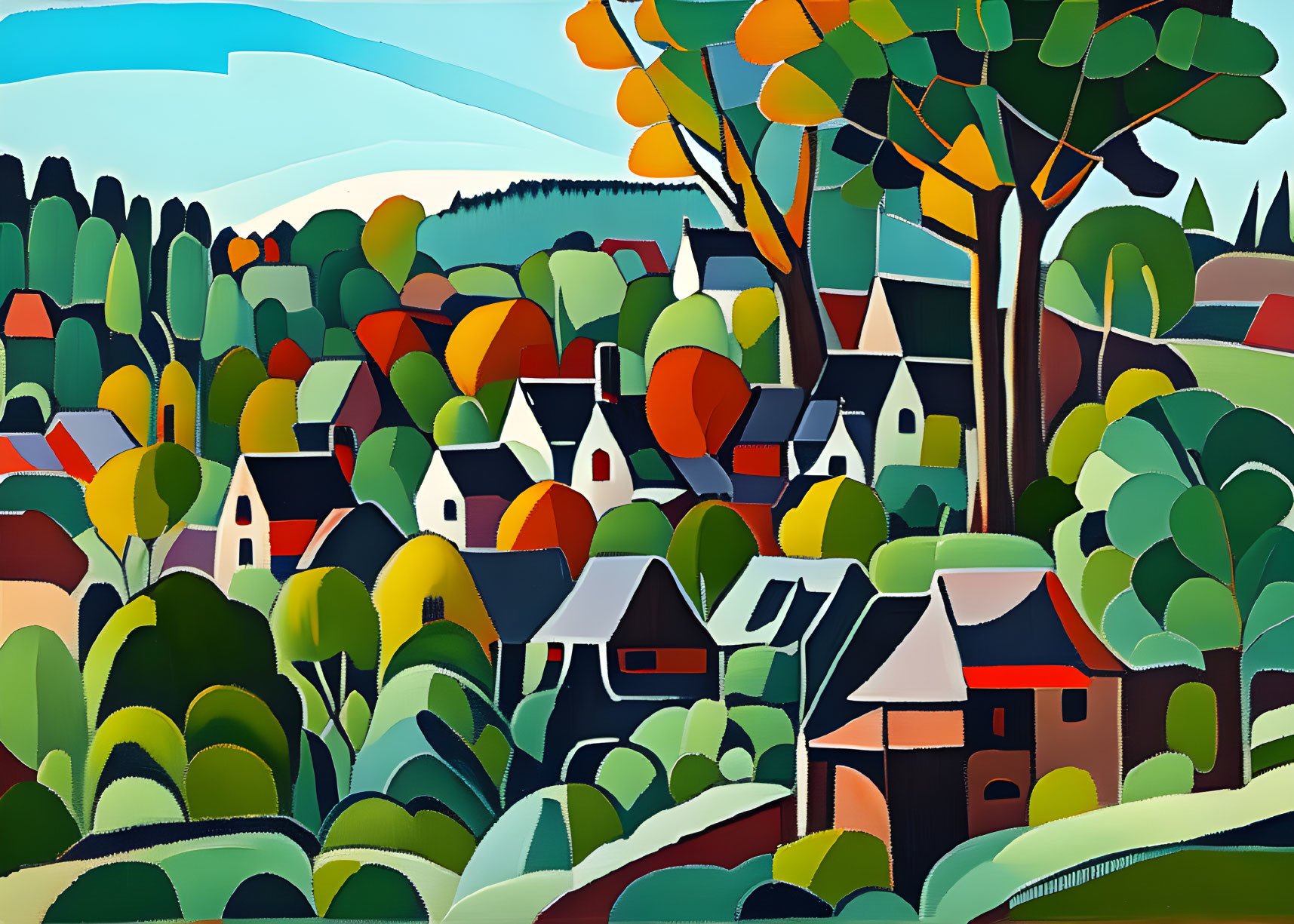 Vibrant Cubist-style Painting of Colorful Village