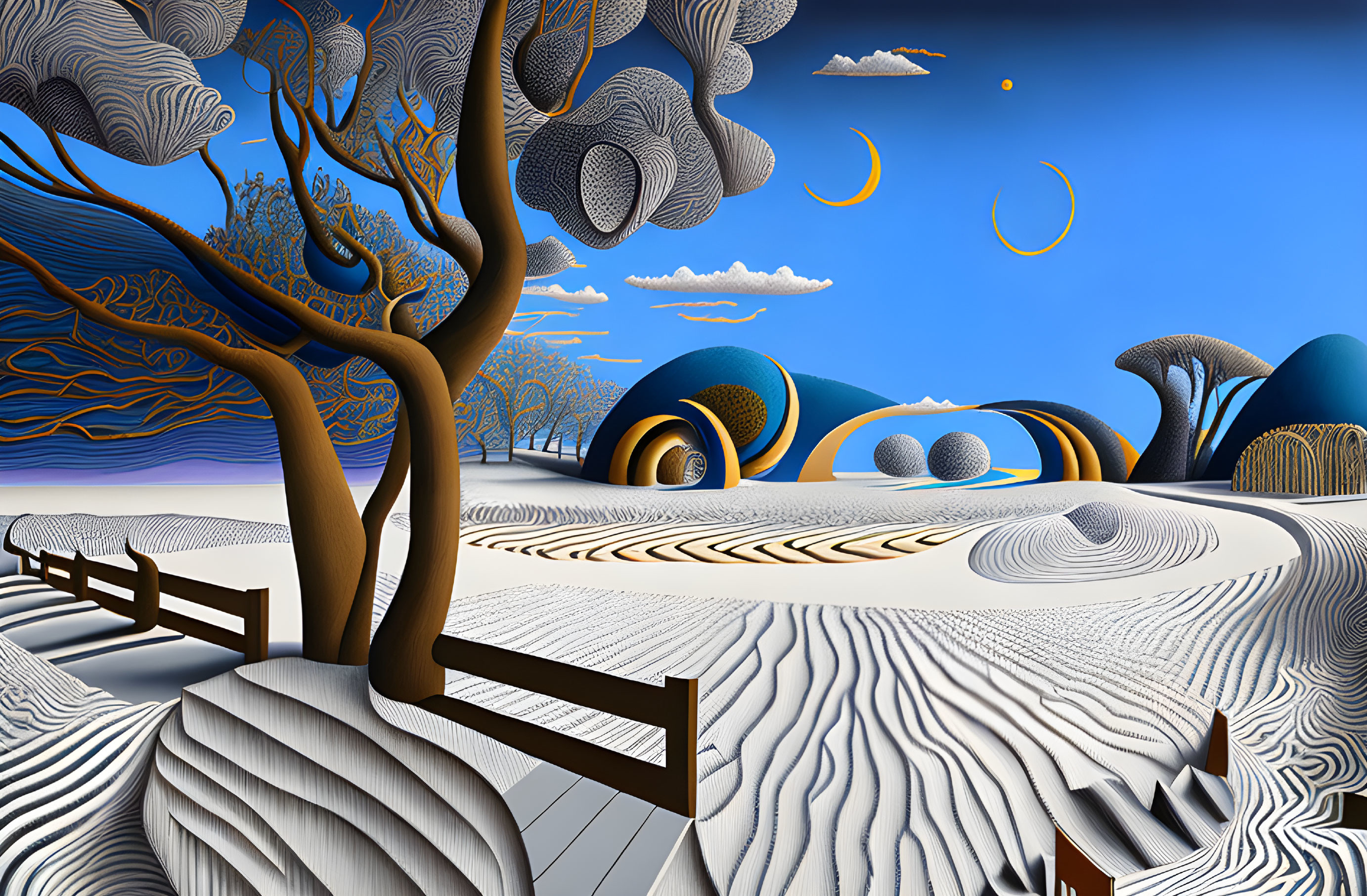 Surreal landscape with stylized trees, patterned hills, zen garden, blue sky