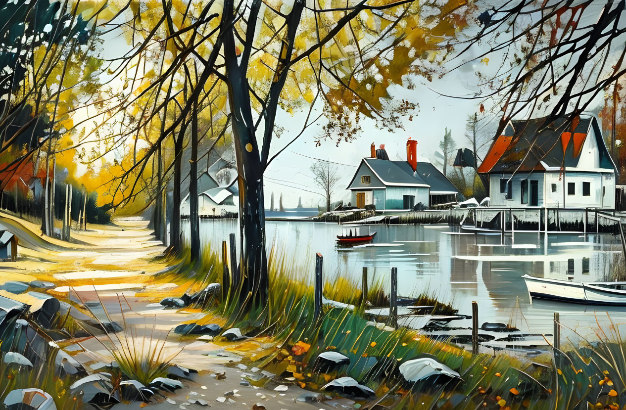 Tranquil autumn lake with cottages, boat, colorful trees