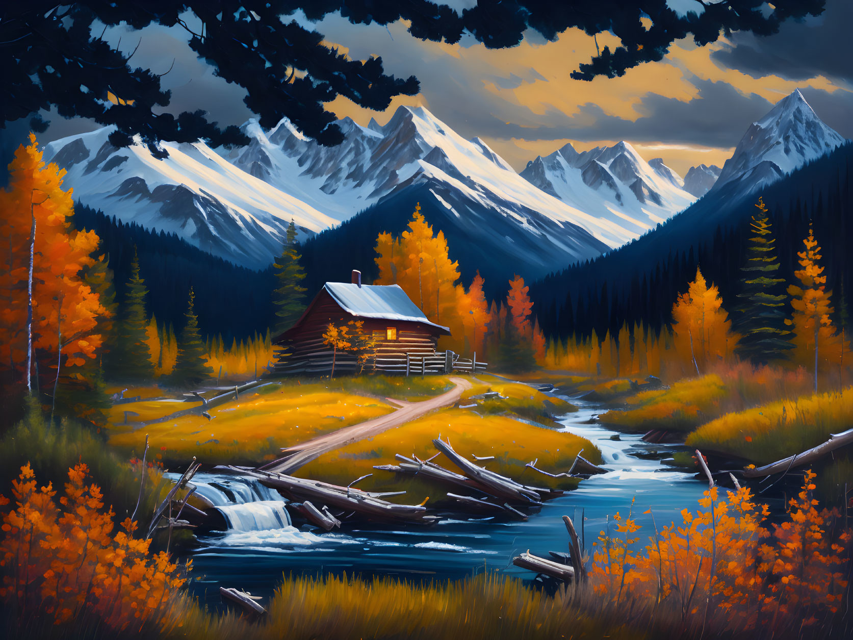 Autumn landscape with cabin, river, fall trees, mountains, and sunset.