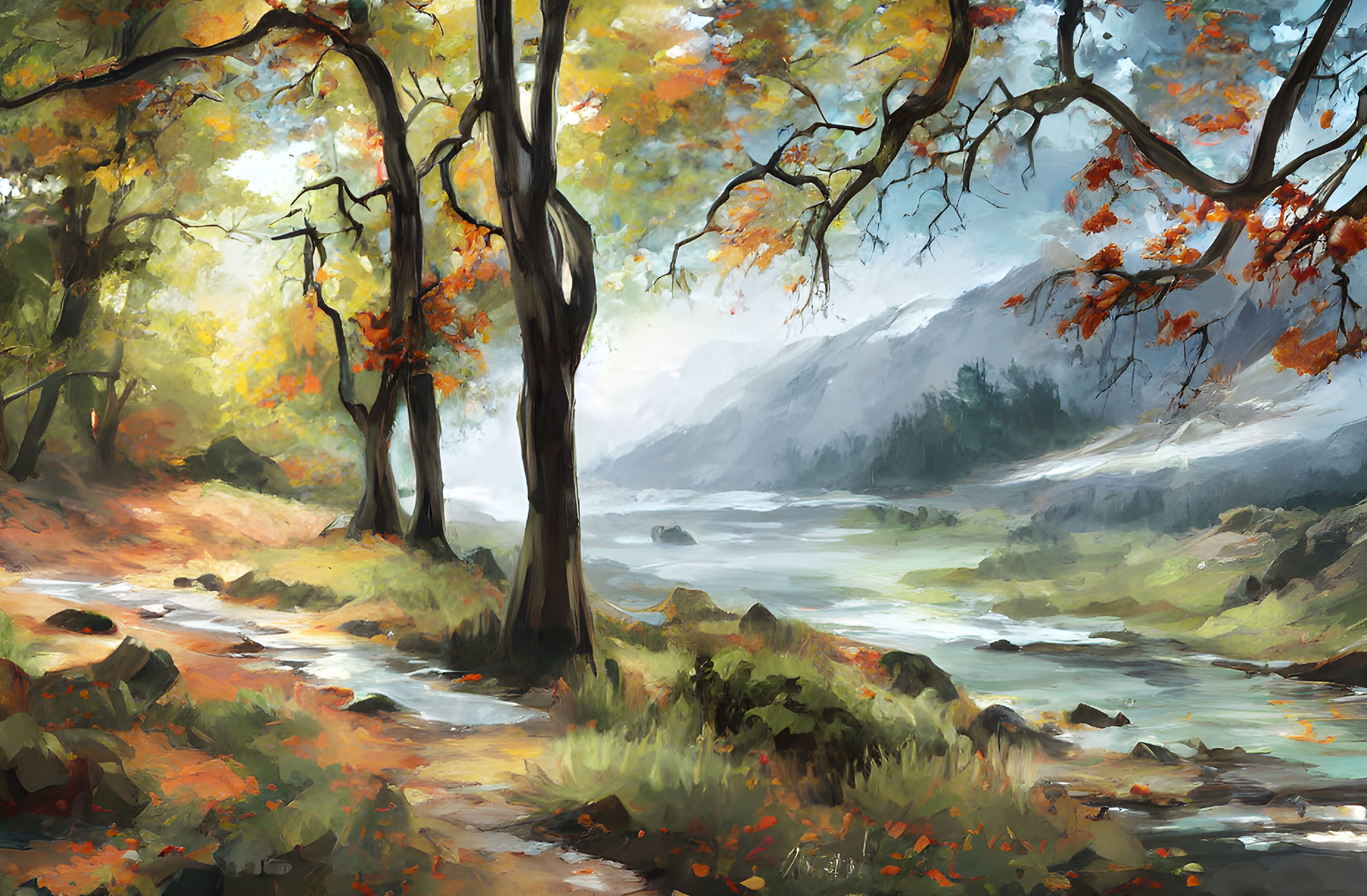 Colorful Autumn Forest Scene with River and Misty Mountain