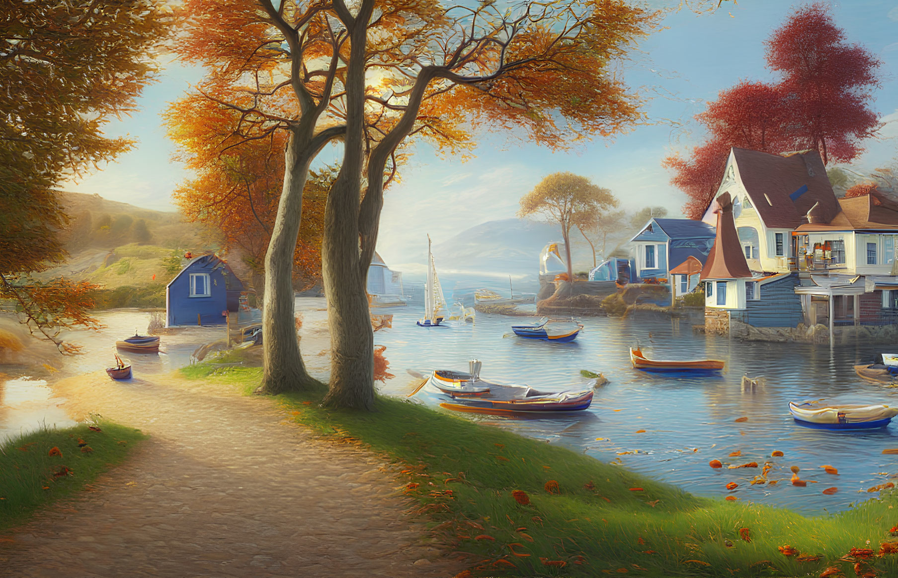 Tranquil village scene: river, boats, autumn trees, picturesque houses