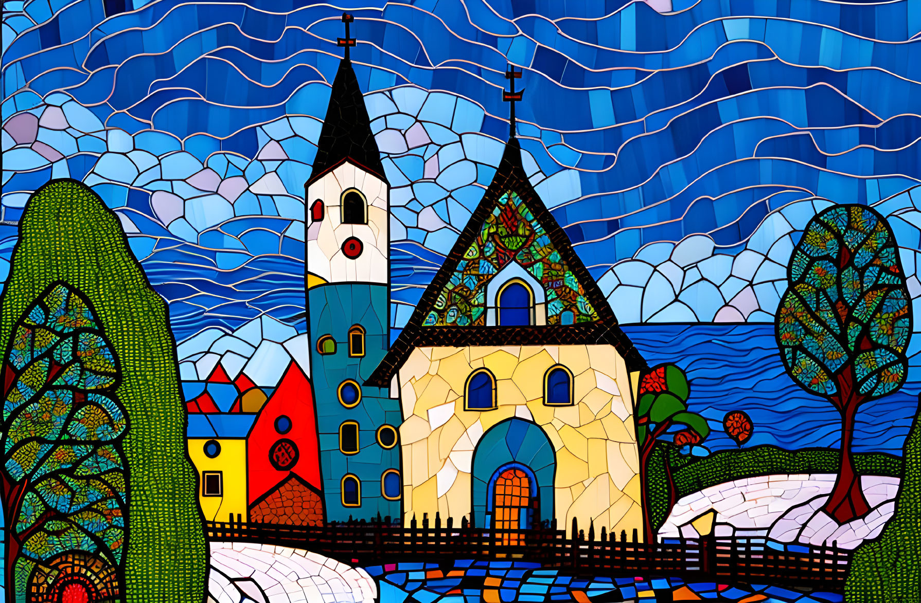 Colorful mosaic village illustration with church, patterned trees, houses, and vibrant sky.