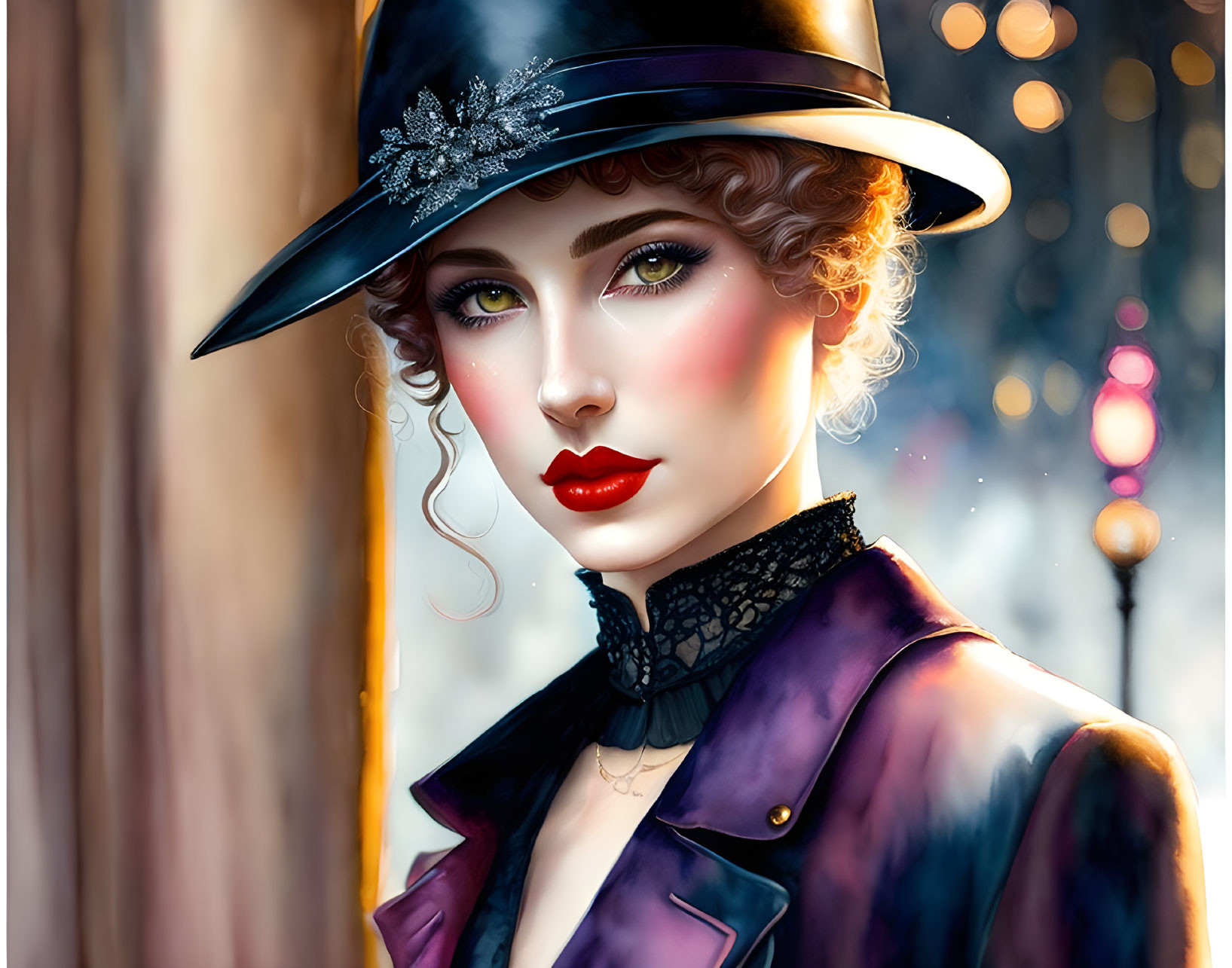 Fashionable woman with red lips and stylish hat in city lights backdrop