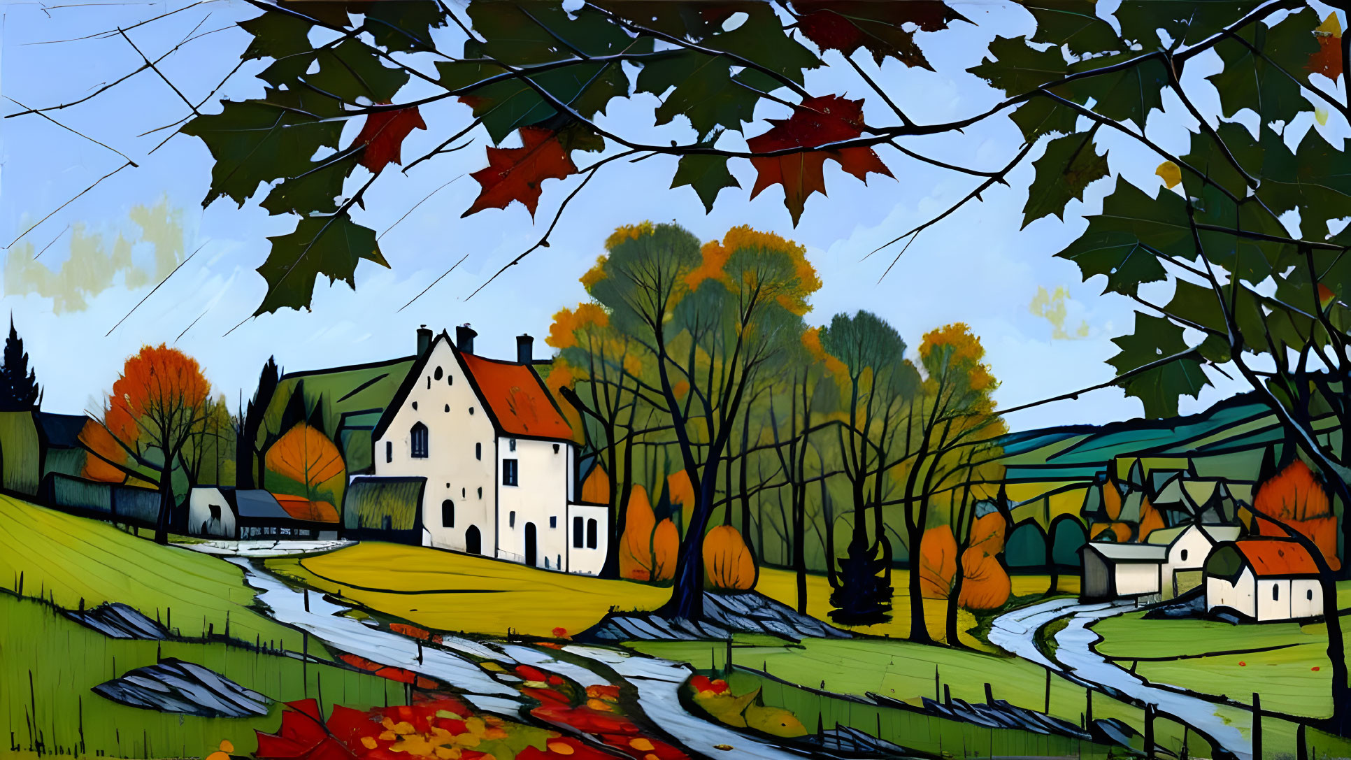 Colorful autumn landscape painting with white house, stream, and red leaf frame