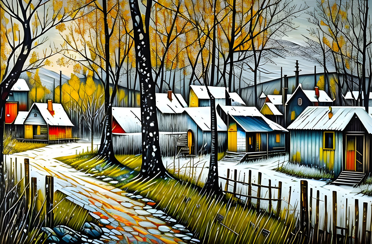 Vibrant autumn village painting with quaint houses and trees