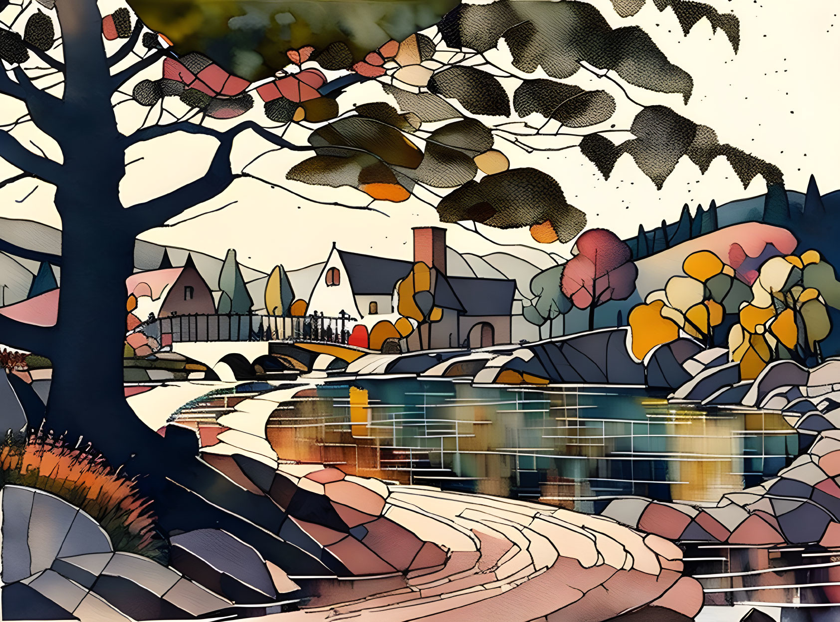 Colorful village scene with river, trees, houses, bridge - autumn sky