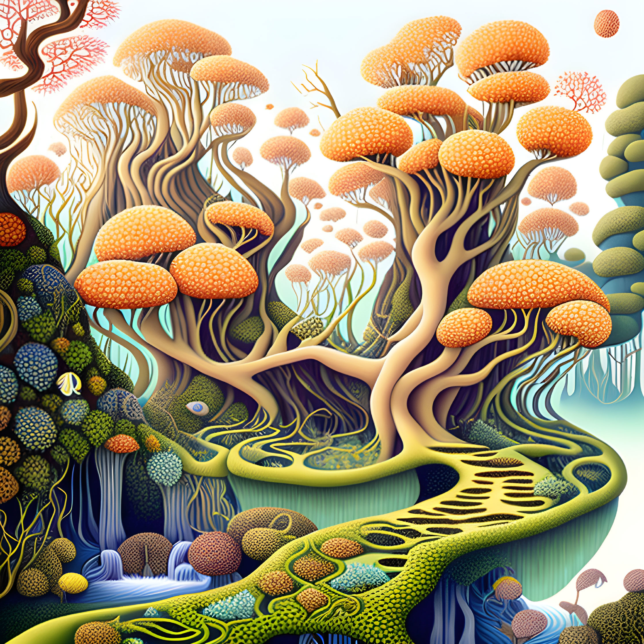 Fantastical landscape with oversized orange mushrooms and tree-like structures