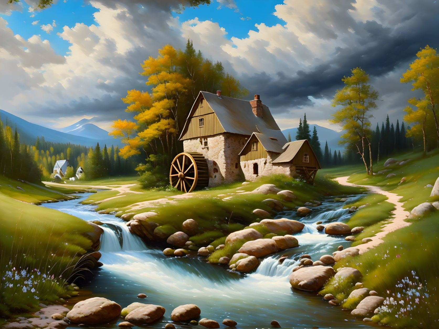 Tranquil stone mill by stream in autumn forest