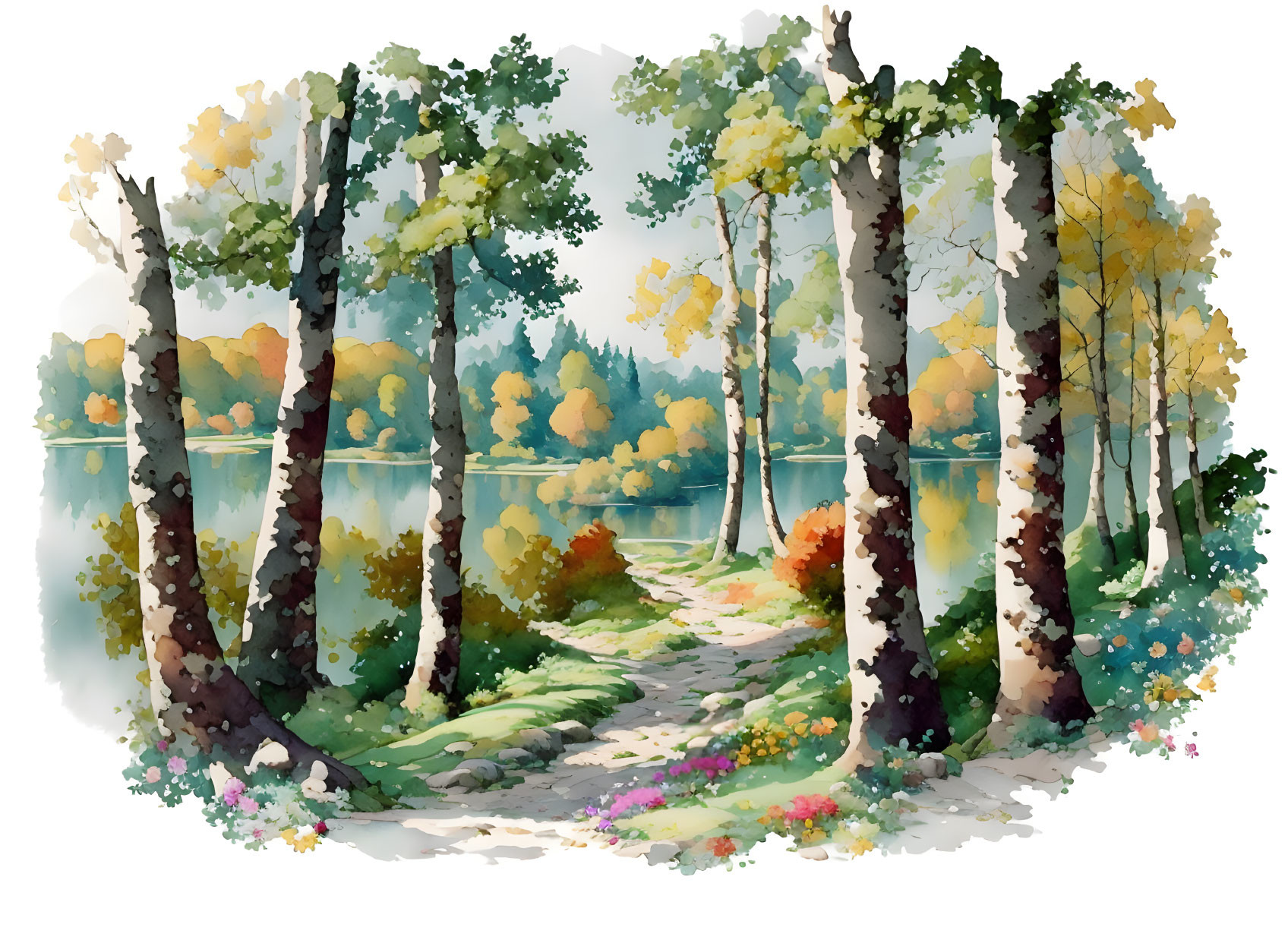 Tranquil forest scene: trees, pathway, calm lake, vibrant autumn colors