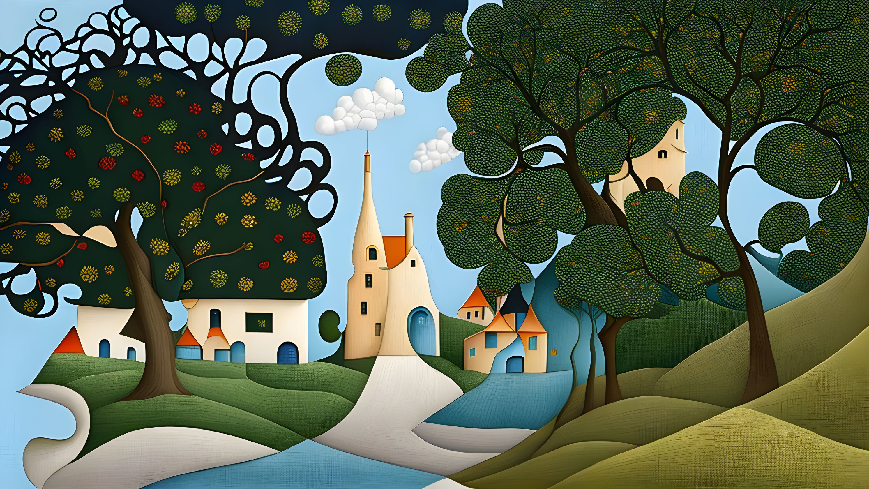 Whimsical village illustration with rolling hills & blue sky