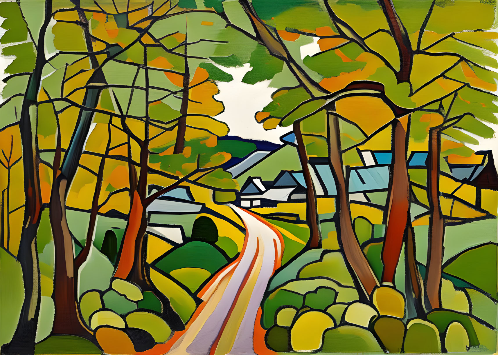 Colorful Stylized Painting of Rural Landscape with Trees, Road, and Buildings