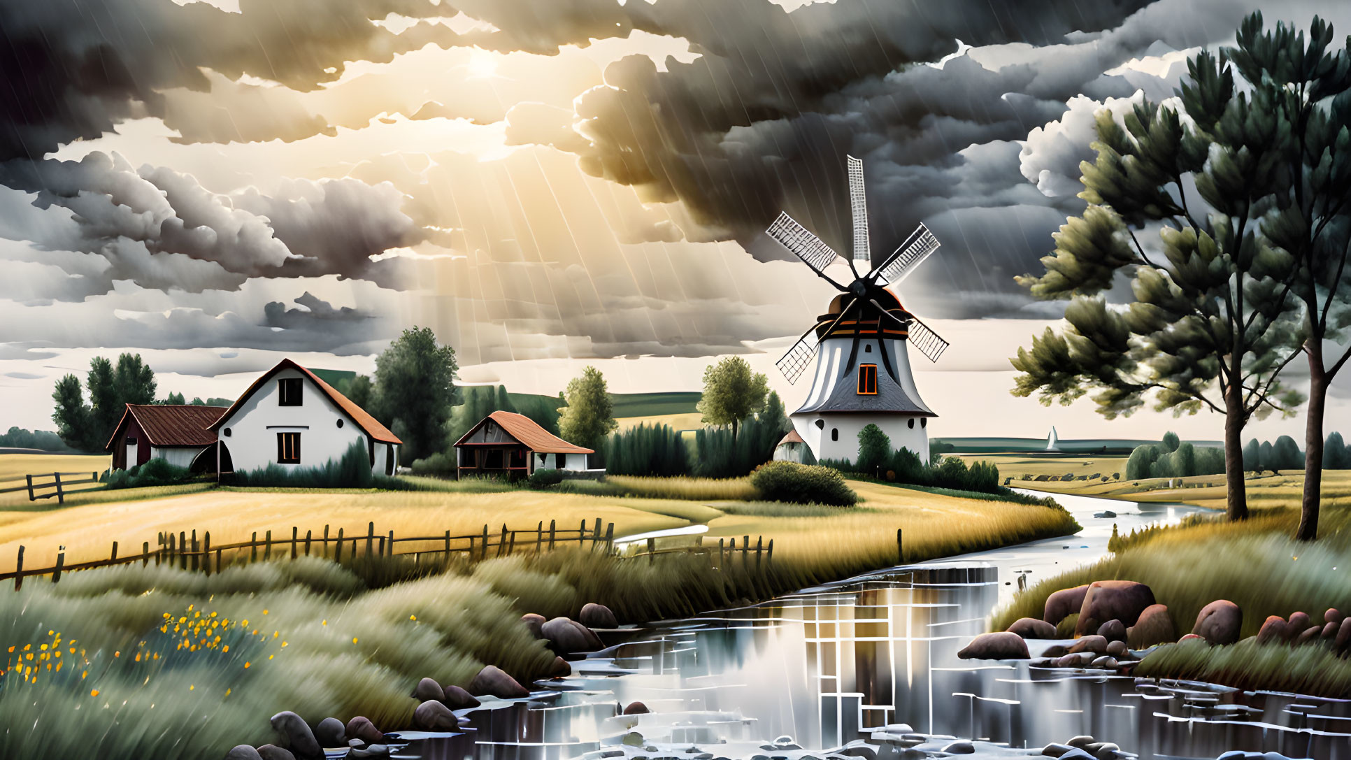 Traditional windmill in serene landscape with dramatic sky and river.