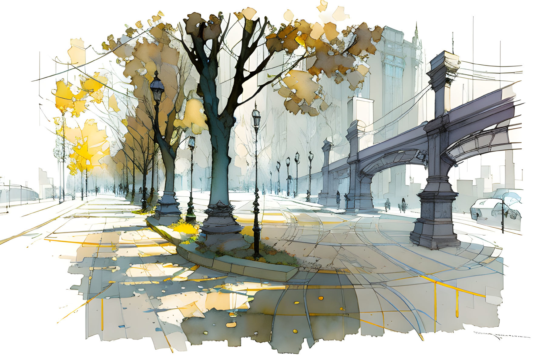 Sunlit urban park with autumn trees, circular bench, street lamps, and stylized bridge.