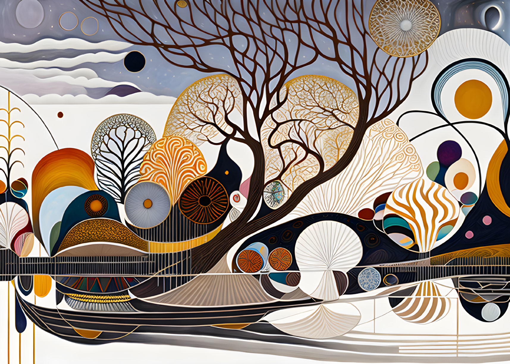 Colorful Abstract Landscape with Stylized Trees and Swirling Patterns