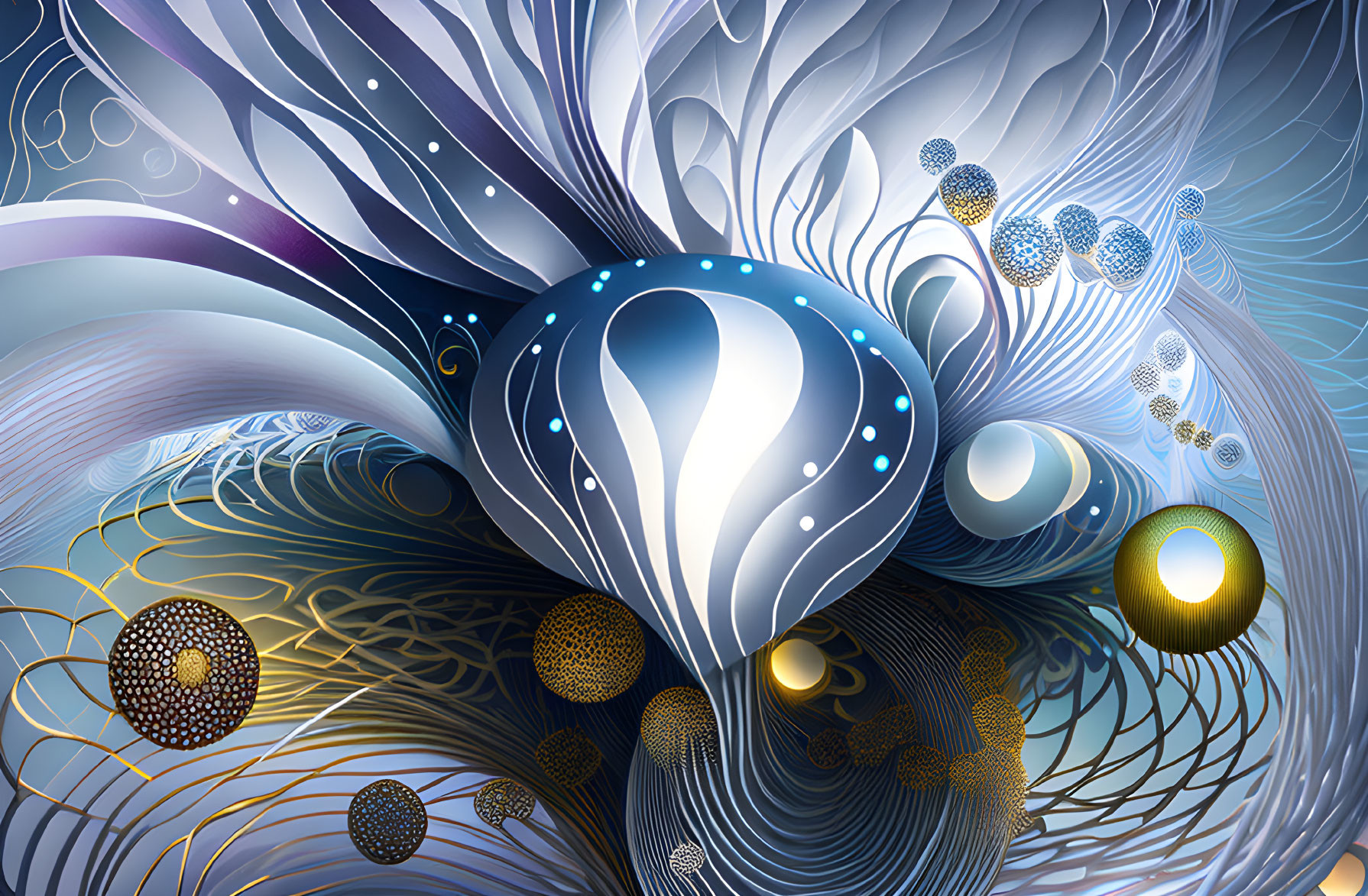 Abstract Artwork with Swirling Patterns in Blue, Gold, and White