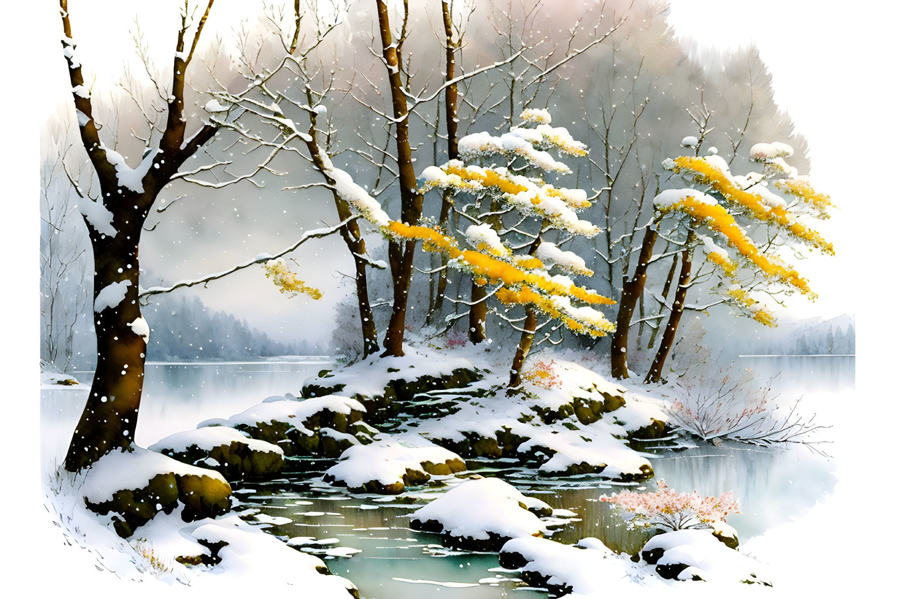 Snow-covered trees, stream, calm lake: Tranquil winter scene