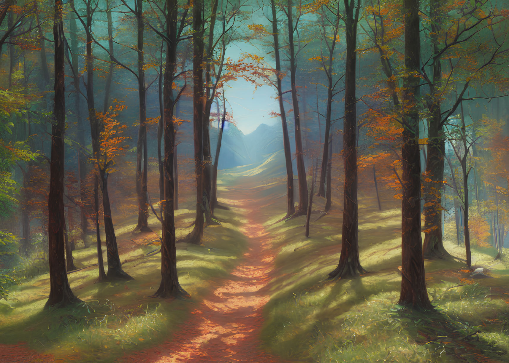 Tranquil Autumn Forest Path with Sunbeams and Vibrant Foliage