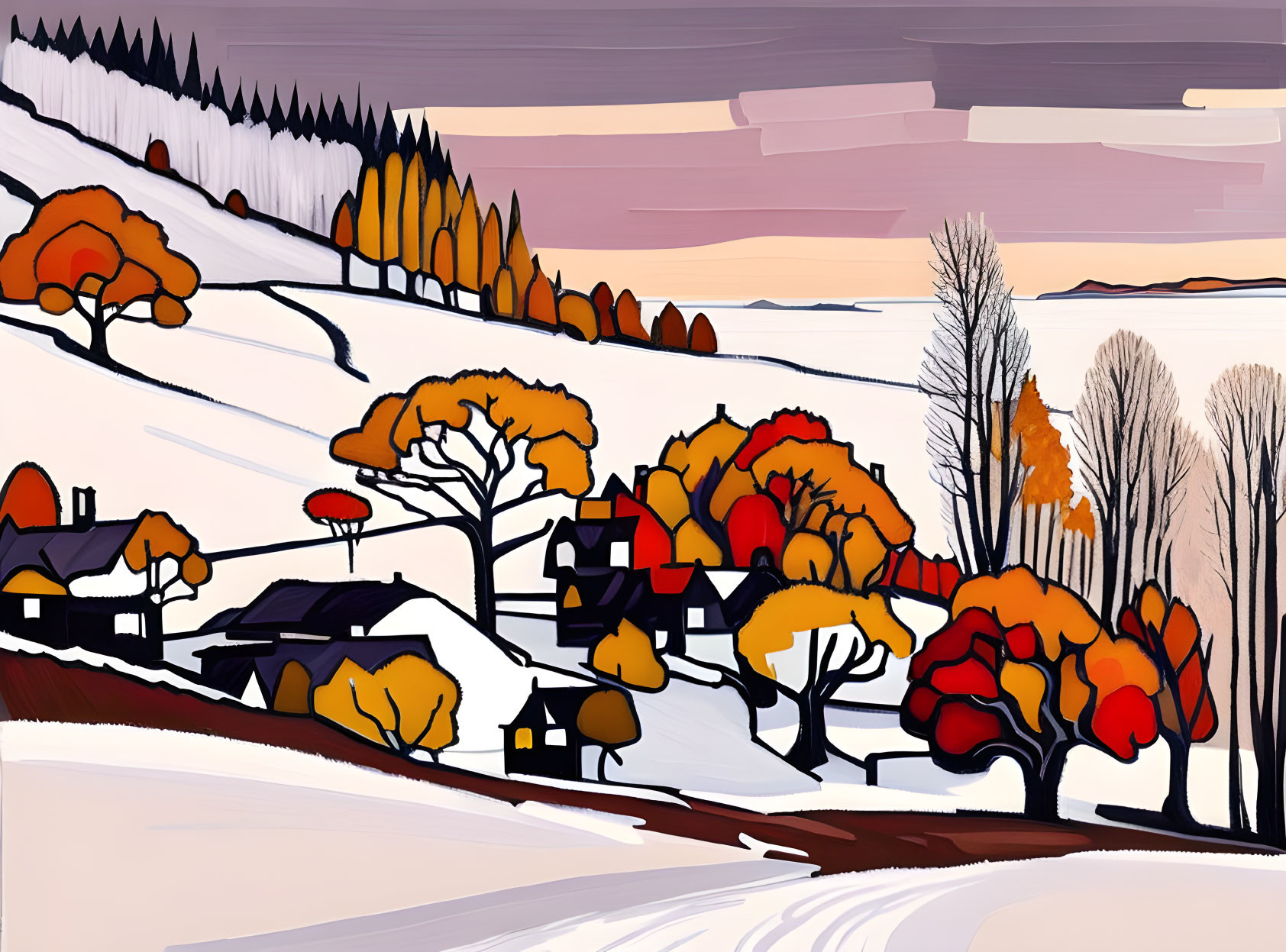 Vibrant stylized landscape with snow-covered hills and autumnal trees