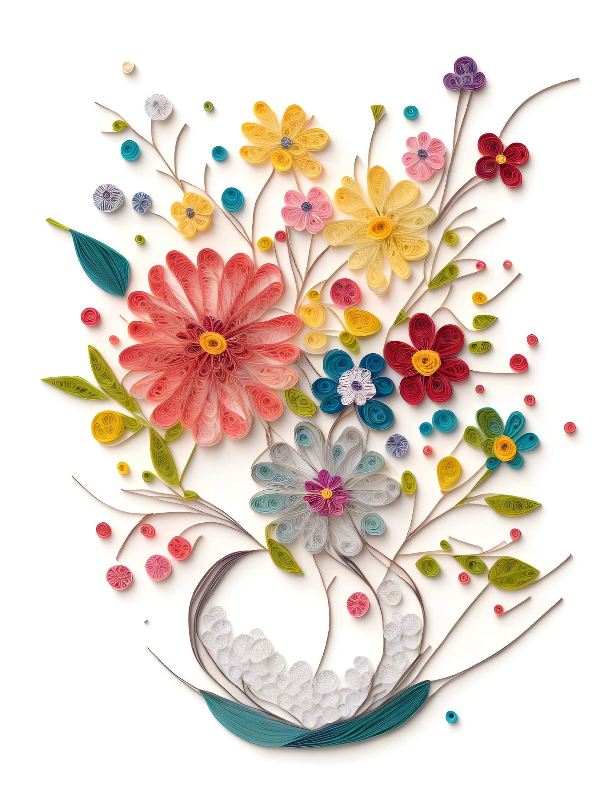 Colorful quilled paper bouquet with flowers and leaves on white background