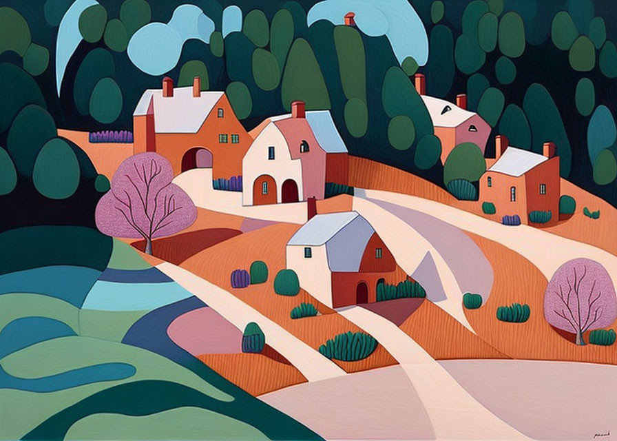 Colorful Curved Fields, River, Trees & Red-Roofed Houses in Stylized