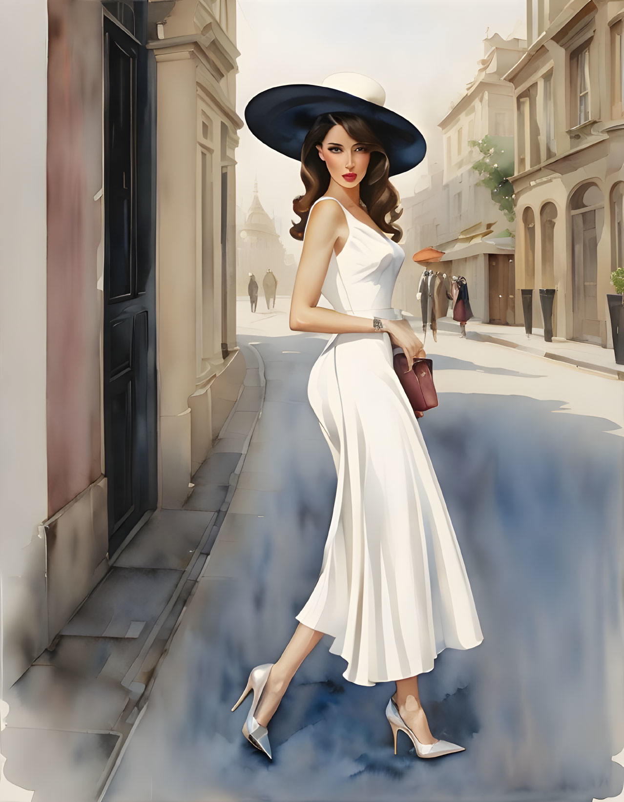 Stylish woman in white dress and hat on city street