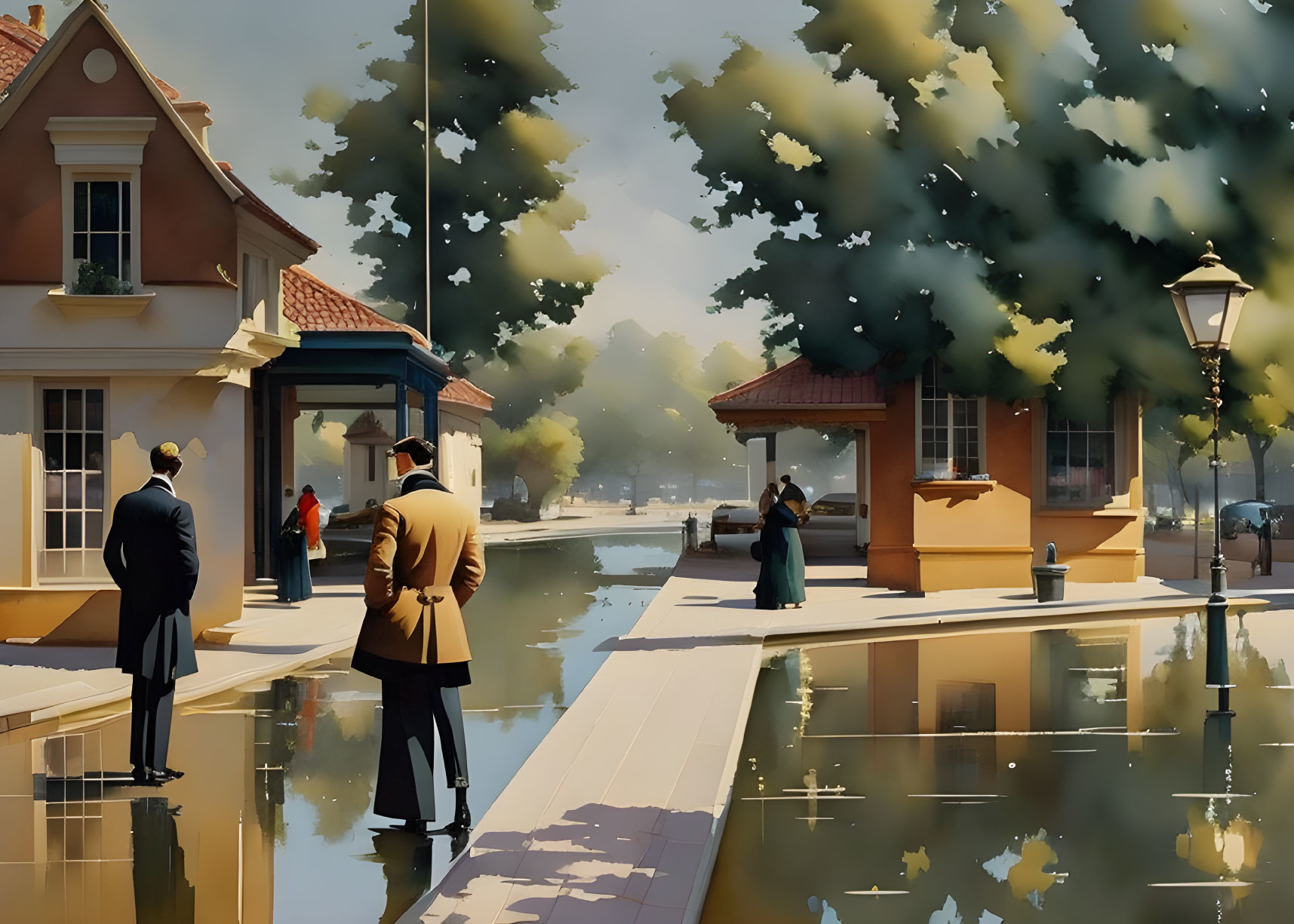 Vintage street scene with people by water and golden light.