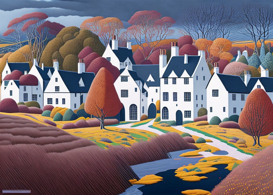 Autumn village painting with white houses, colorful trees, and blue river