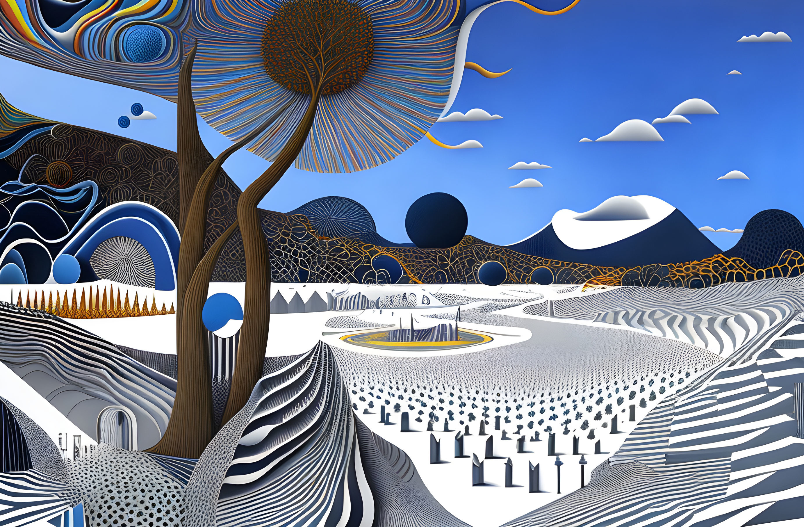 Surreal landscape with tree, fields, mountains, road, and geometric shapes