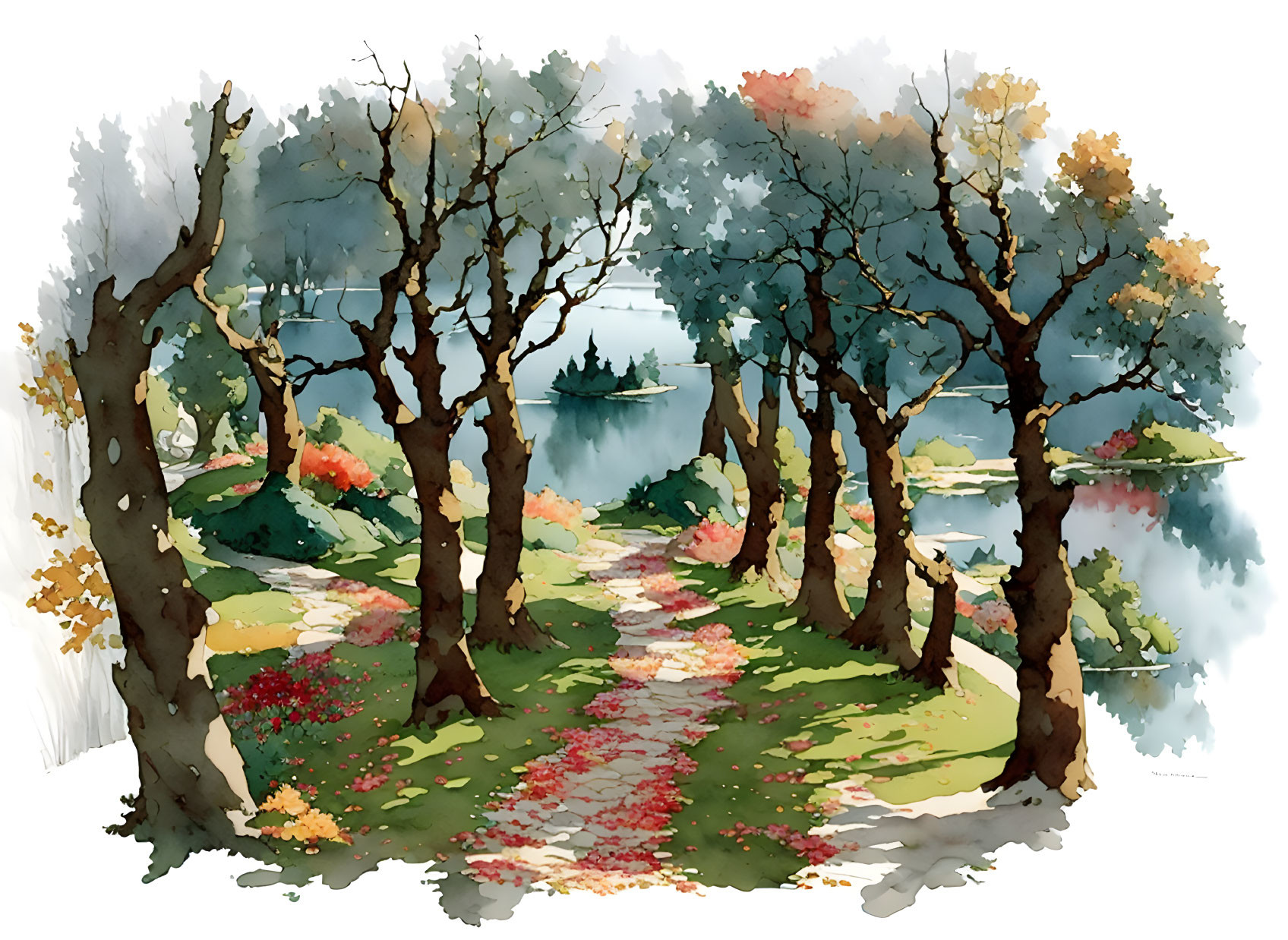 Serene woodland path watercolor painting with autumn trees and lake