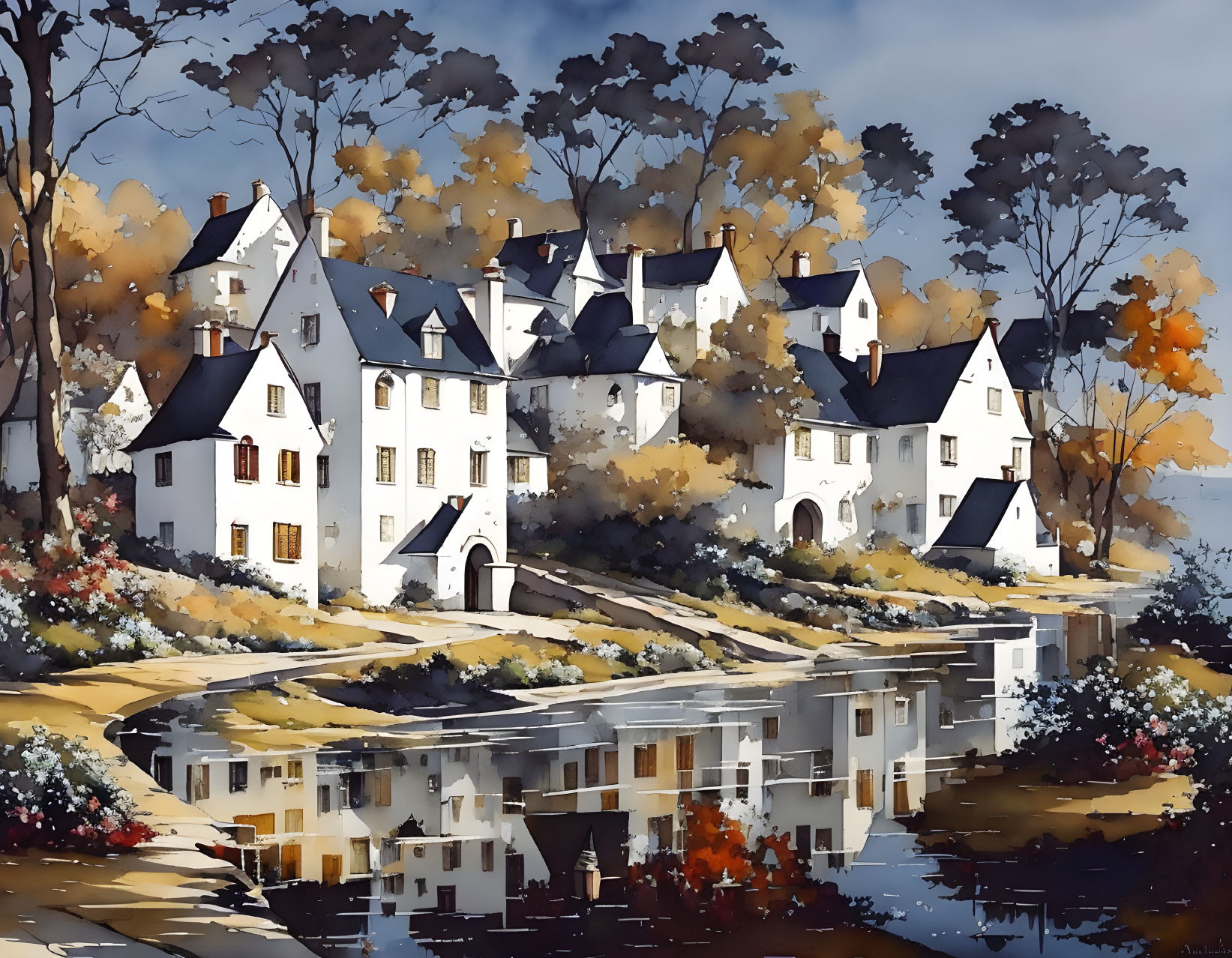 White village houses near water surrounded by autumn trees