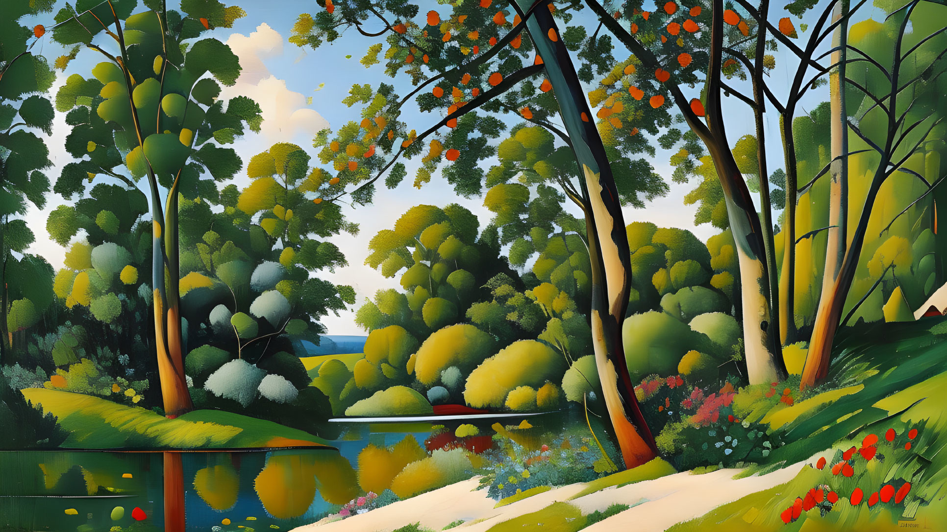 Colorful Forest Painting with Red Berries and River View