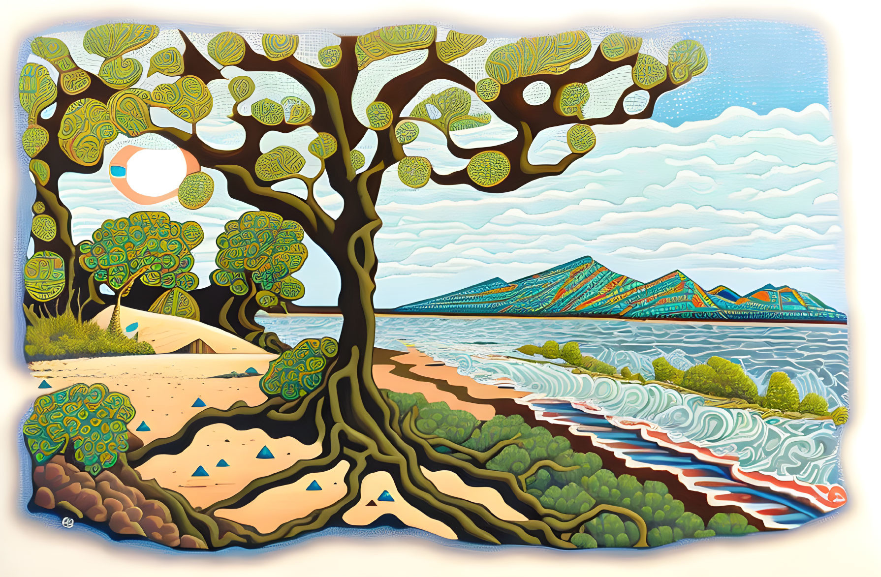 Colorful landscape with patterned trees, sun, mountains, and textured sea & sky