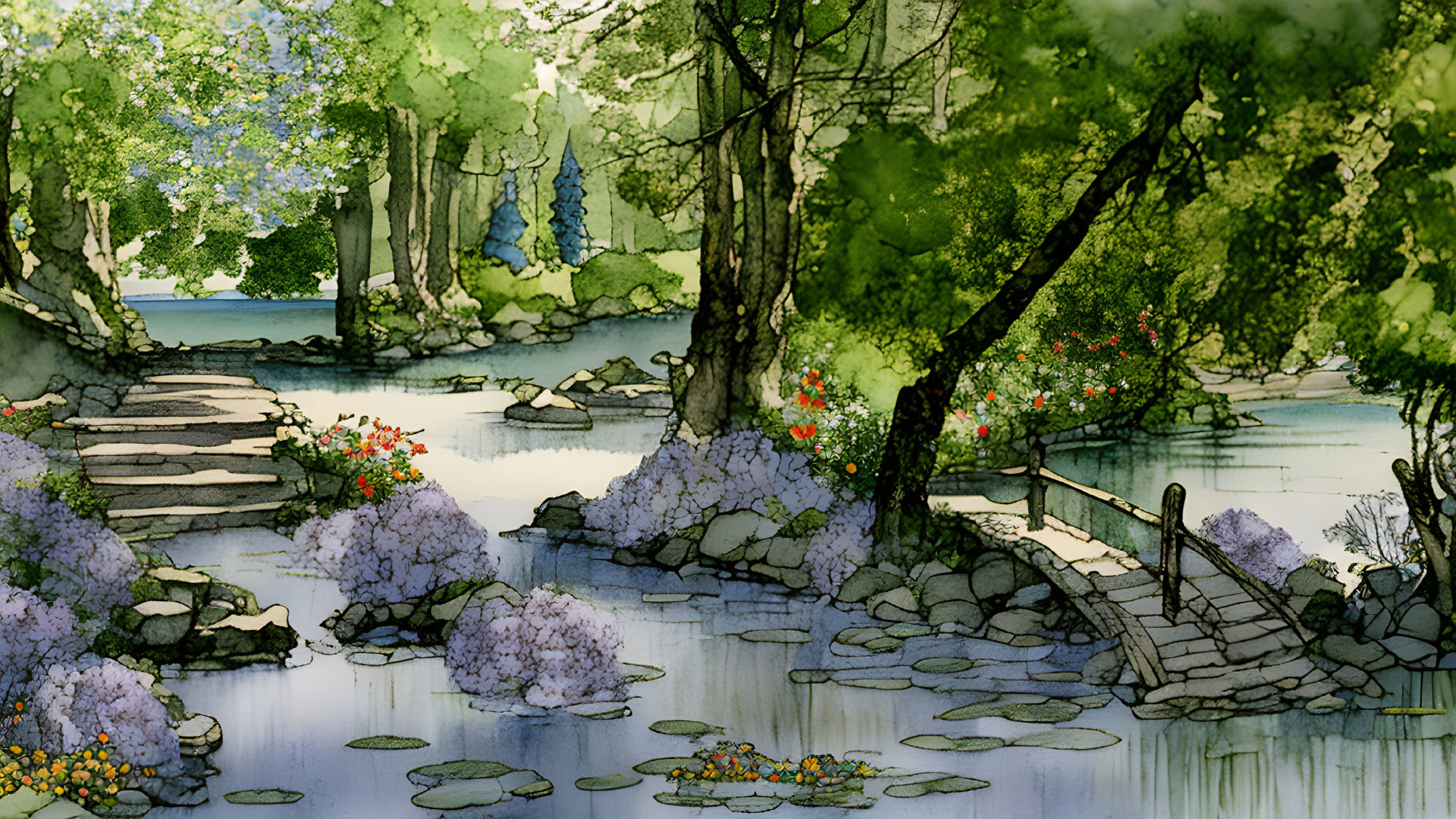 Tranquil watercolor painting of lush garden with stepping stone path and pond bridge