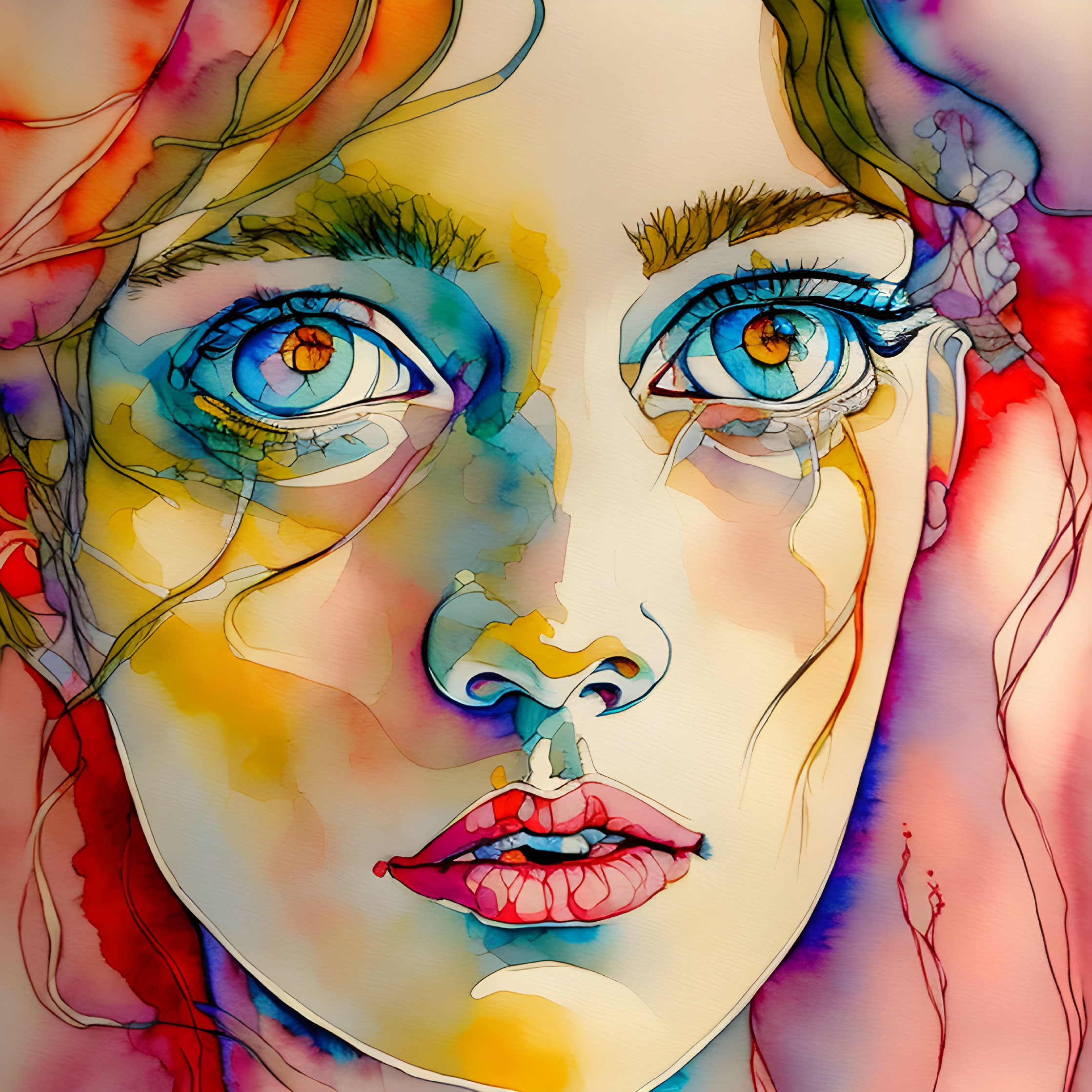 Vibrant watercolor-style woman's face with blue eyes and abstract patterns