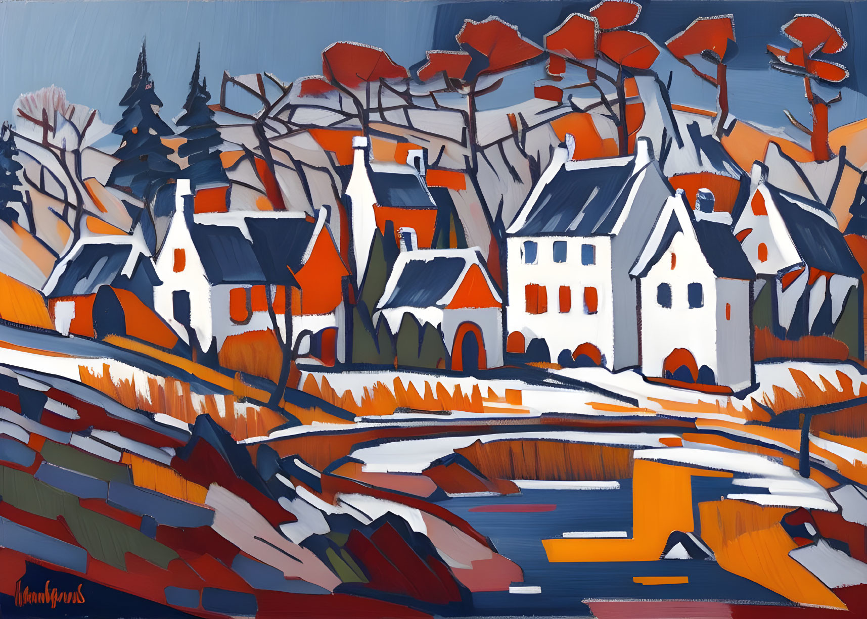 Village painting with white houses, red roofs, river, and bare trees in blue and orange hues