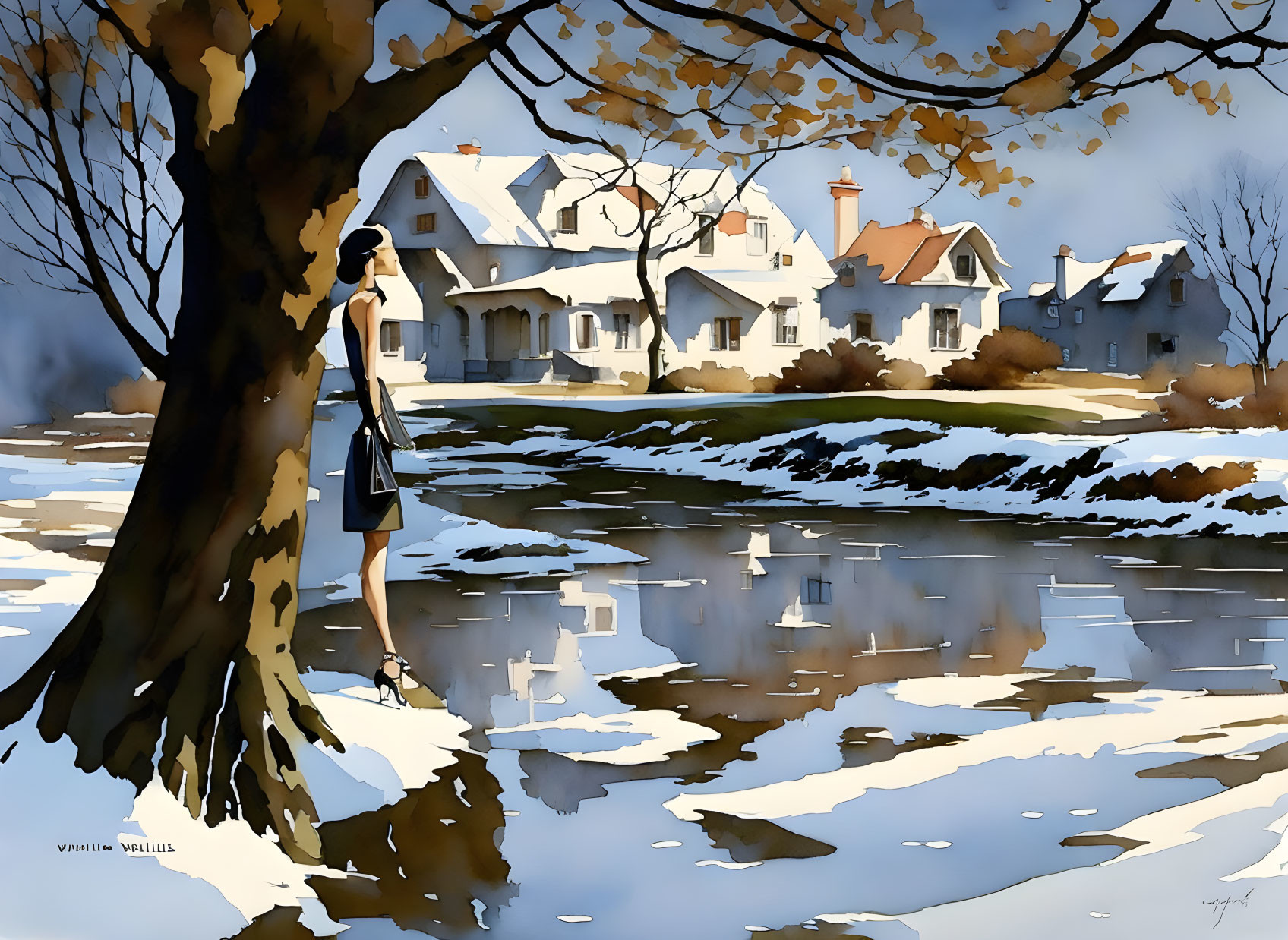 Stylized painting of woman by tree in snowy riverside scene