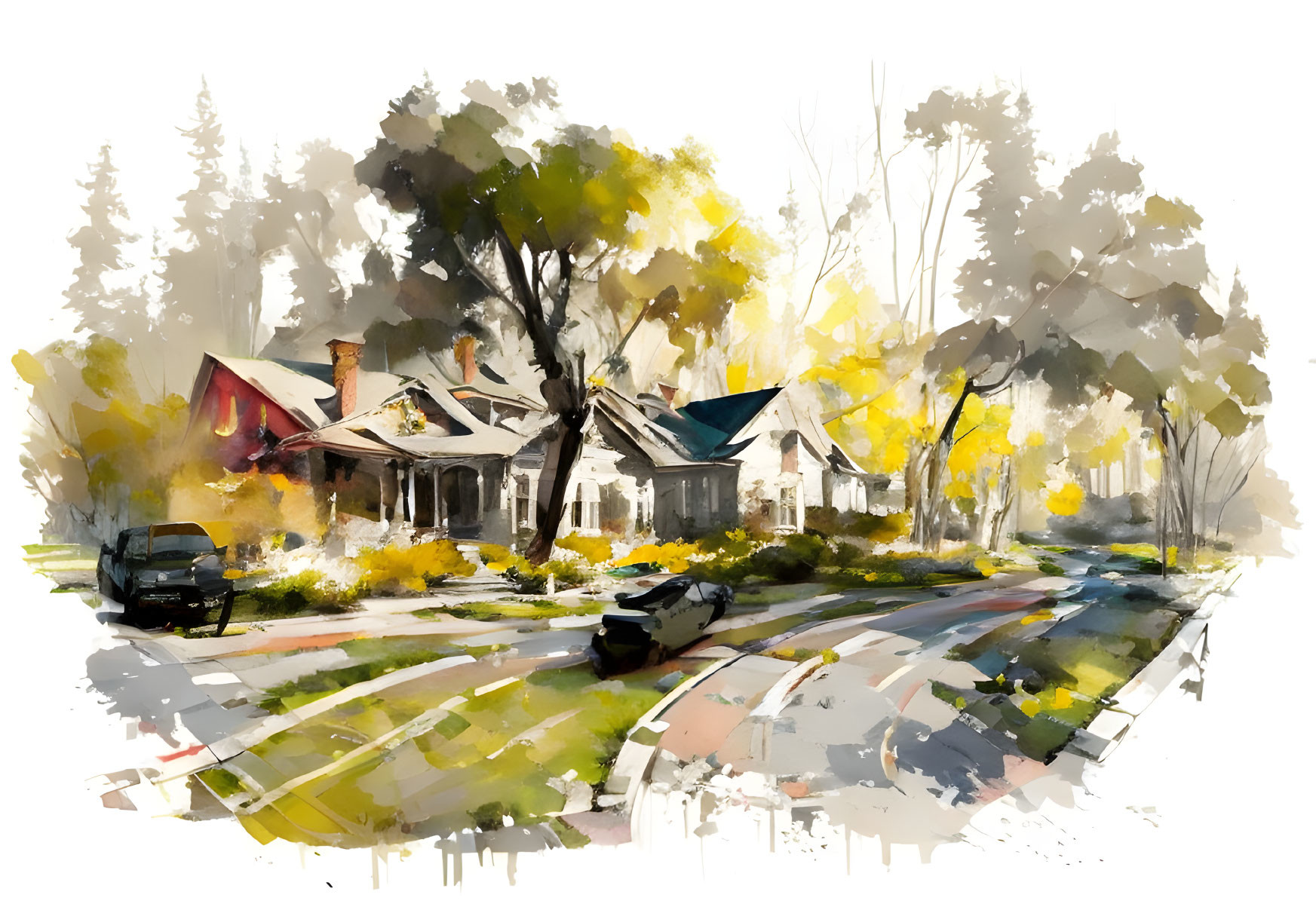 Sunny suburban street watercolor painting with houses, trees, shadows, and parked car