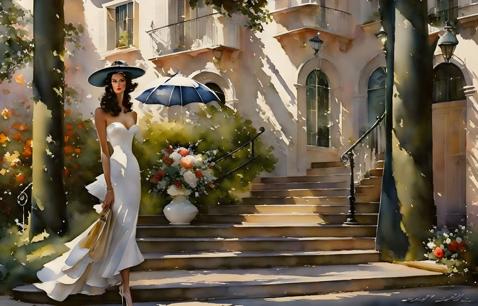 Stylish woman in white dress with parasol on sunny steps