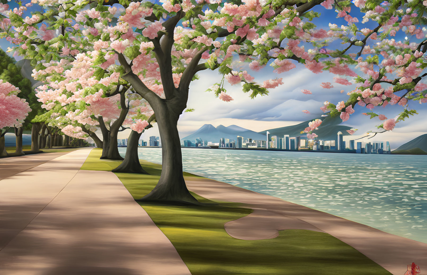 Cherry Blossom Trees Along Lakeside Pathway