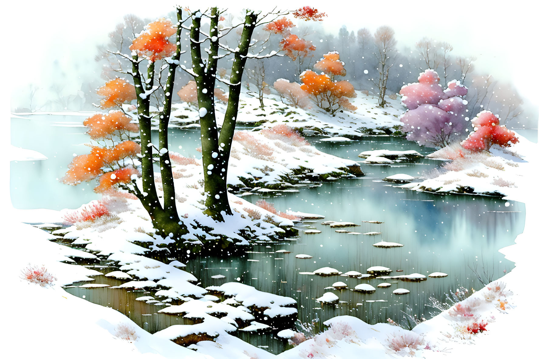 Snow-covered Winter Landscape with Pink and Orange Trees by Blue Lake