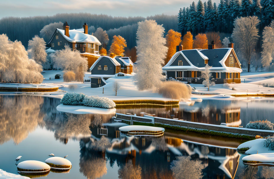 Winter Scene: Snow-covered Houses by Tranquil Lake & Frosted Trees