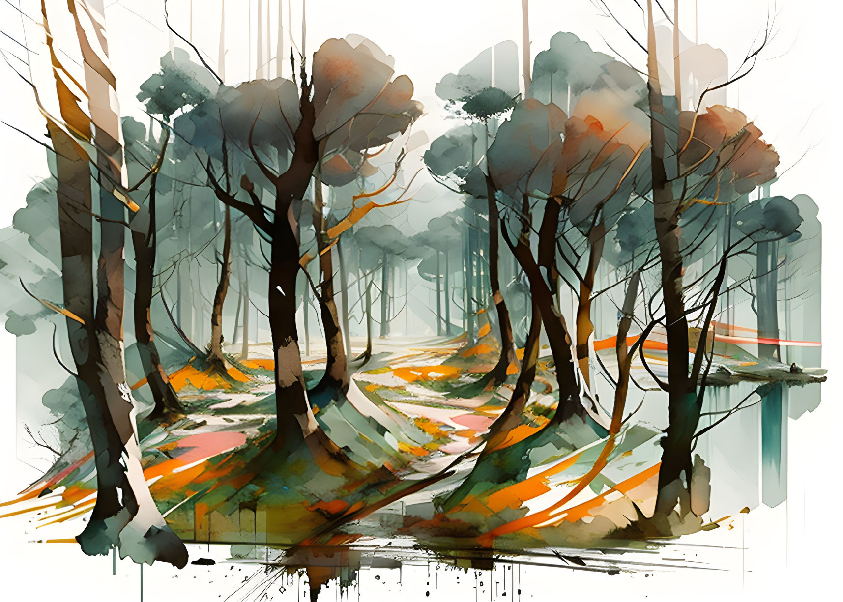 Vibrant autumn forest watercolor painting with light shafts and tree shadows