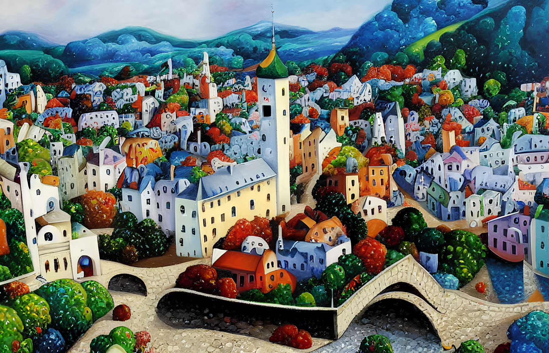 Colorful painting of whimsical town with arching bridges and rolling hills