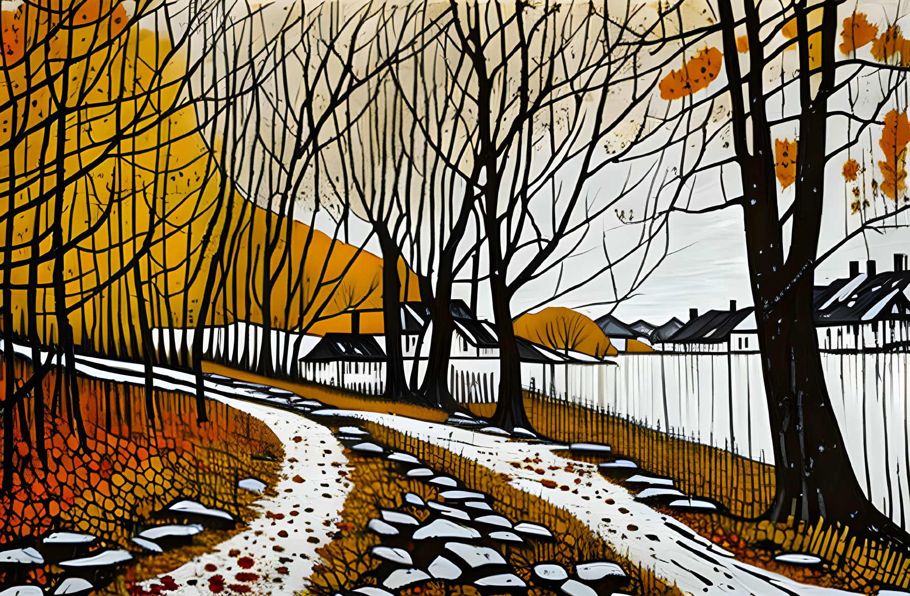 Stylized autumn landscape with winding path, leafless trees, white fence, yellow-orange backdrop