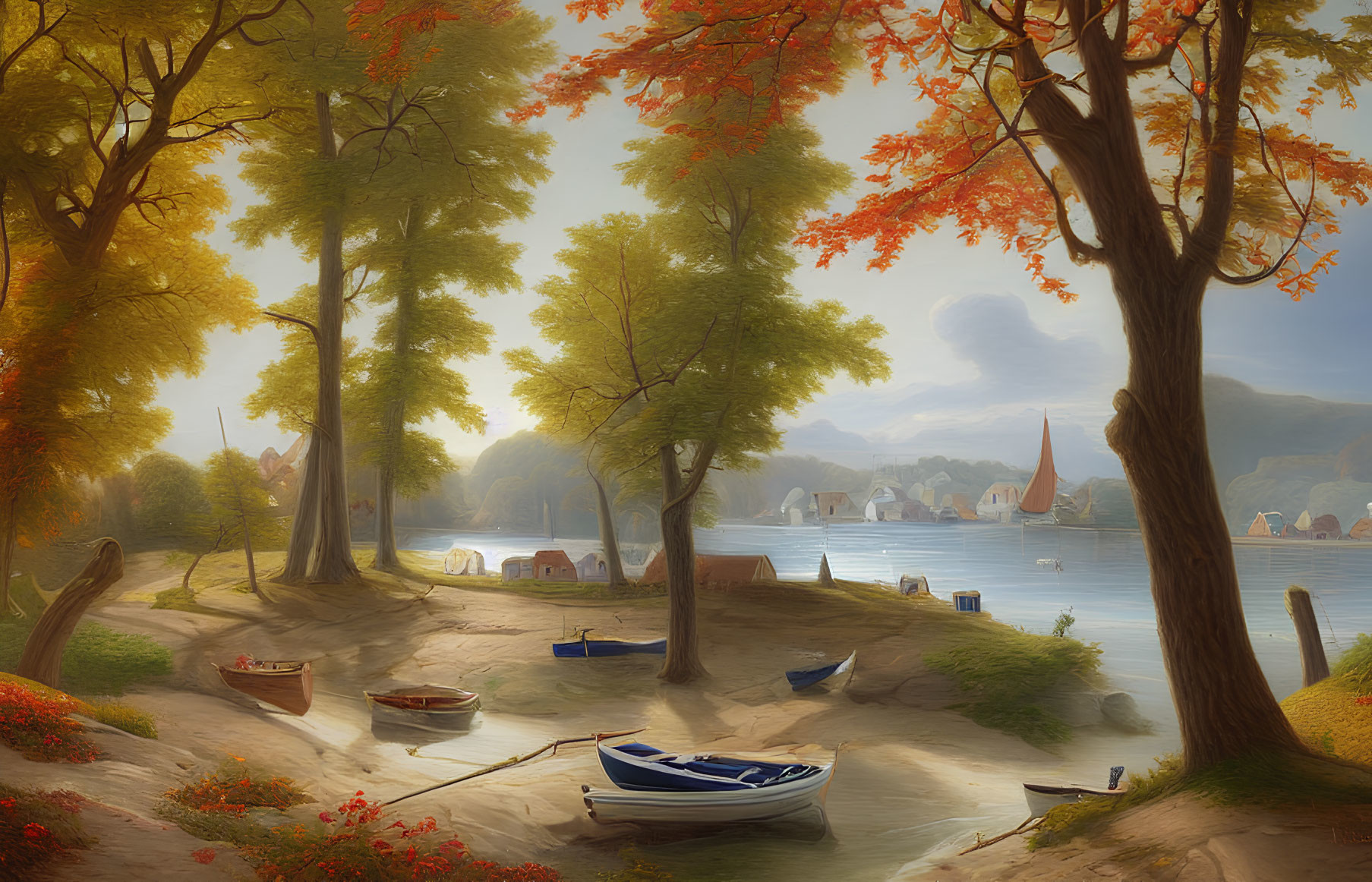 Tranquil autumn lake scene with boats, fall trees, village, and sailboats.