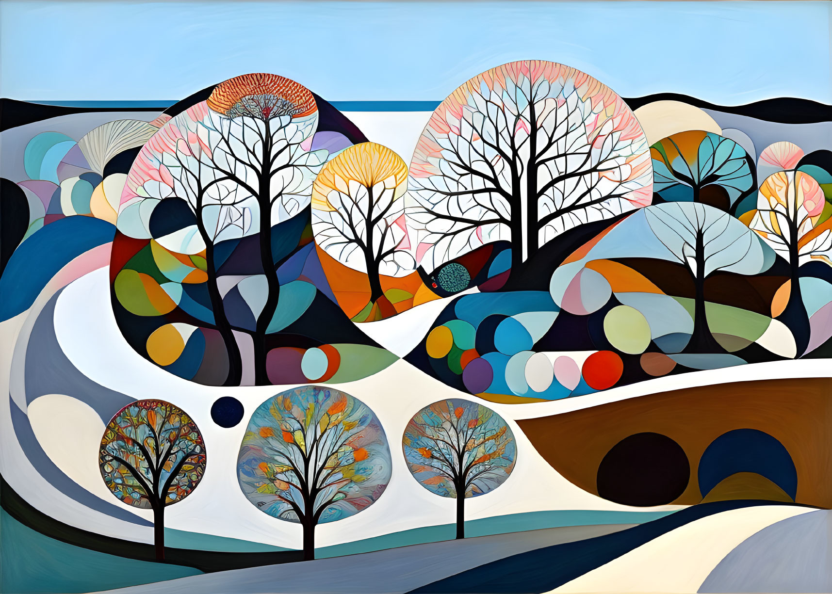 Colorful Stylized Landscape with Pattern-Like Trees and Curved Hills